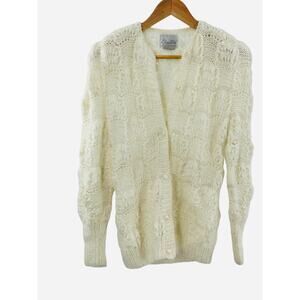 Christine Hand-Knit S Cream Scalloped Knit Victorian Puff Sleeve Tulip Sweater‎